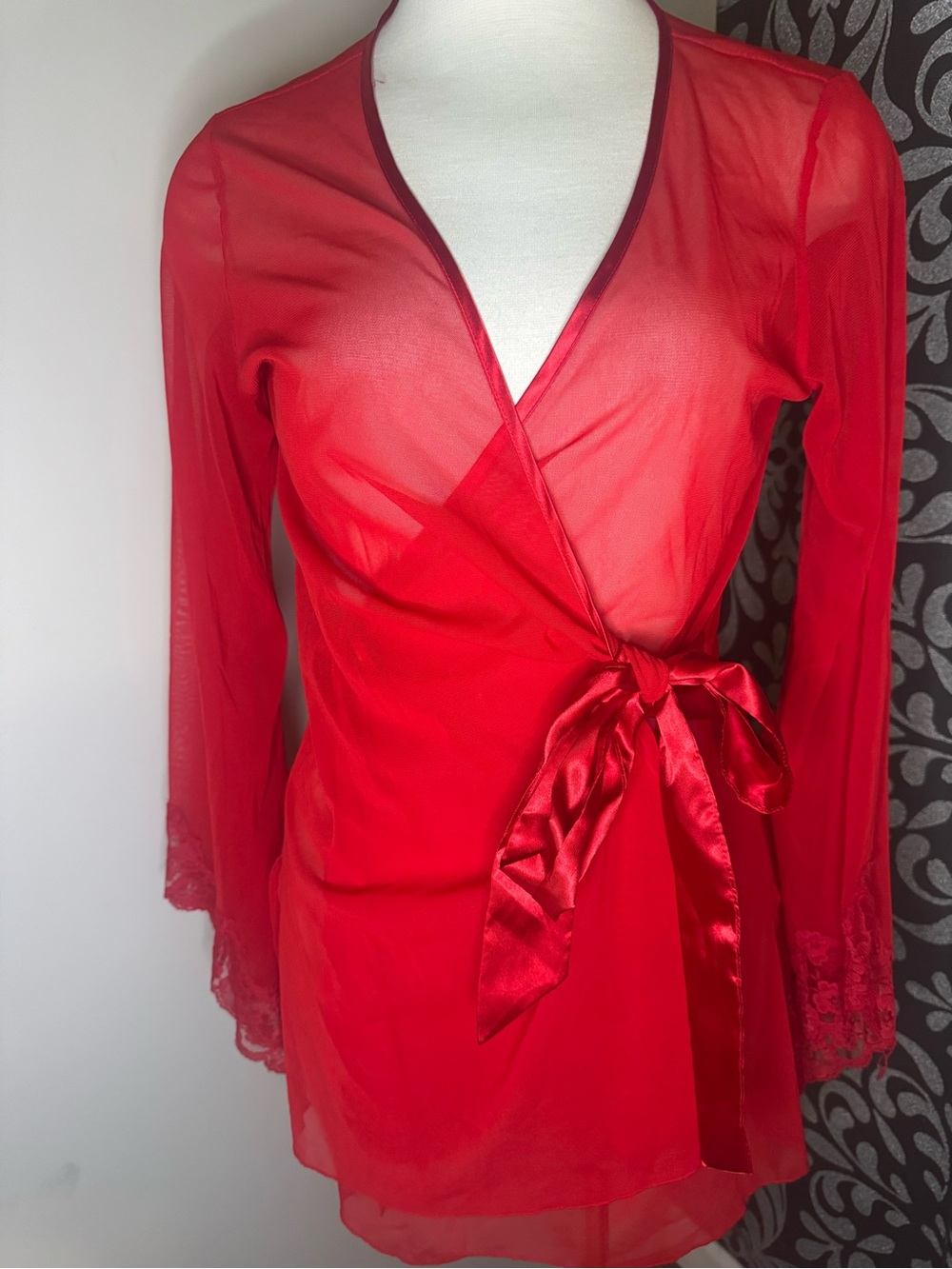 Frederick’s of Hollywood Red Sheer Wrap Robe with Satin Tie with lace sleeves.